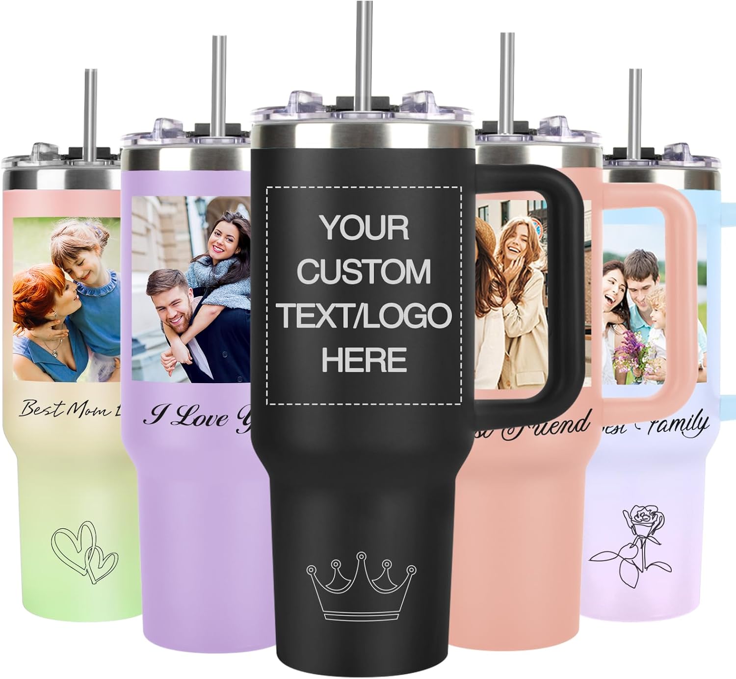 Personalized 40 oz Tumbler with Handle and Straw, Custom Tumbler with Picture, Logo, Text, Stainless Steel Travel Coffee Mug Cup, Personalized Gifts For Women Men Birthday Mother's Day Father's Day