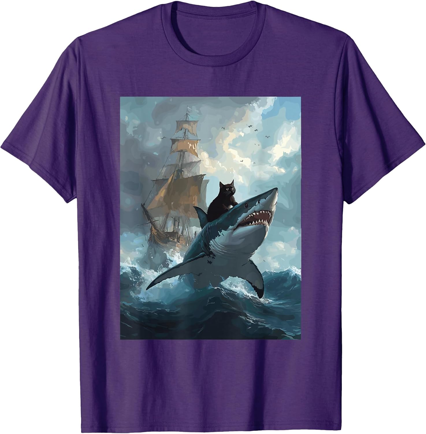 Cat Riding Shark Funny Art and Cat Lover Funny Cat and Shark T-Shirt