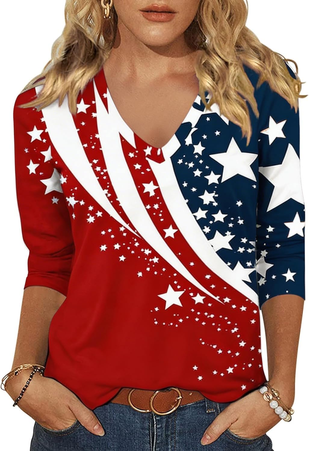 Womens 3/4 Sleeve V Neck American Flag T-Shirts 4th of July Independence Day Summer Graphic Tee Tops