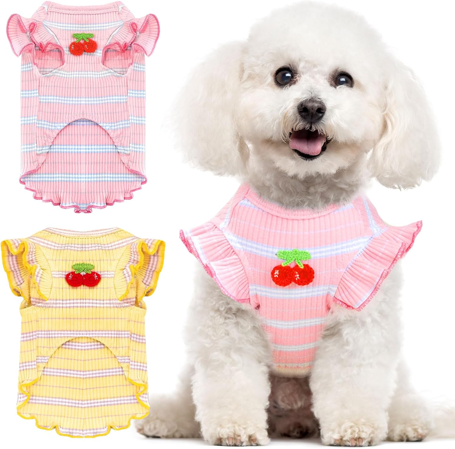 2 Pack Striped Dog T Shirt Cute Cherry Girl Dog Clothes for Small Dogs Cats Breathable Soft Cotton Pet Puppy Sleeveless Vest Spring Summer Pet Outfits（Pink+Yellow,Small）