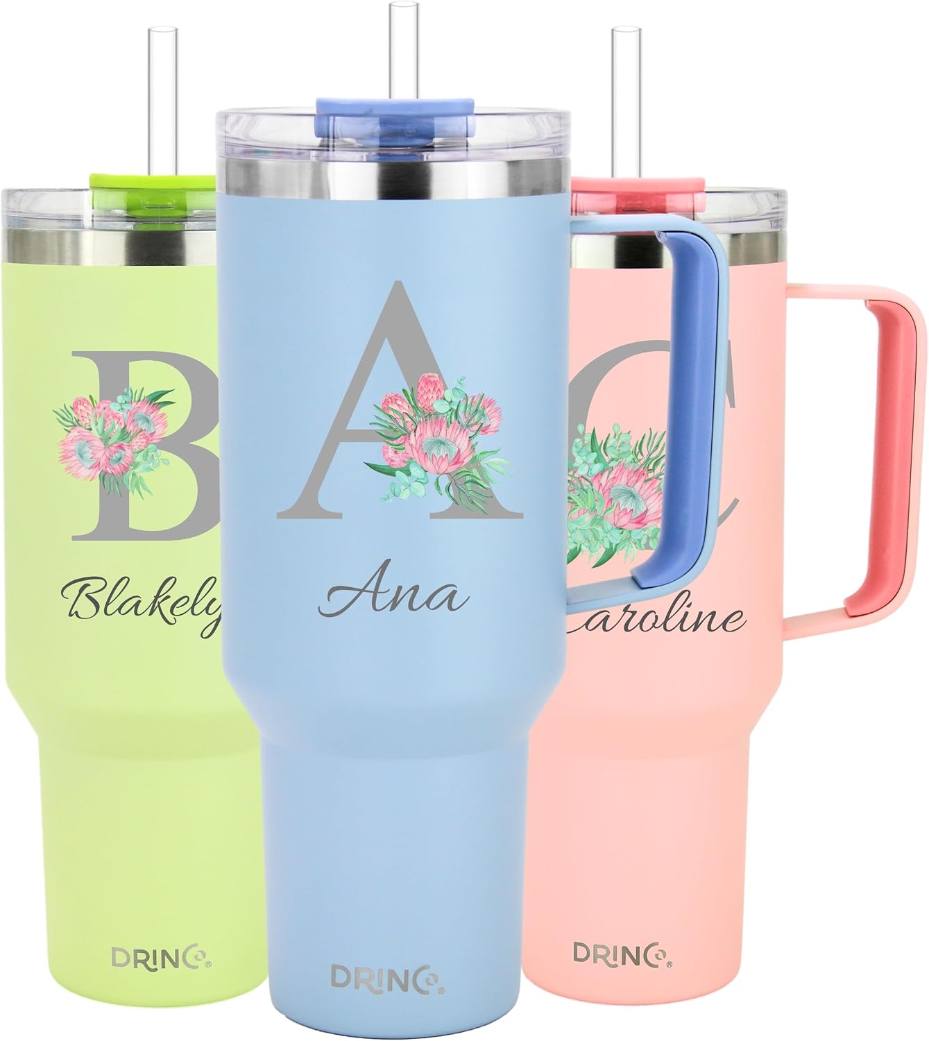 Drinco 40oz 30 oz Tumbler with Handle, Personalized, Straw Lid, Insulated Stainless Steel Travel Mug Water Bottle Ice Coffee Cup For Cold and Hot (30oz Monogram)