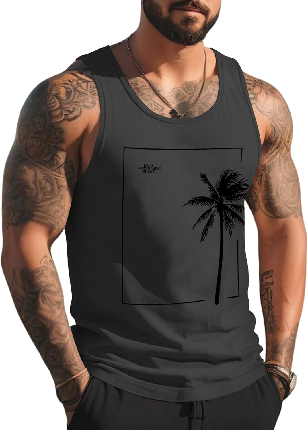 Mens Tank Tops Summer Beach Vacation Sleeveless Shirts Casual Palm Graphic Muscle Gym Workout Tank Top
