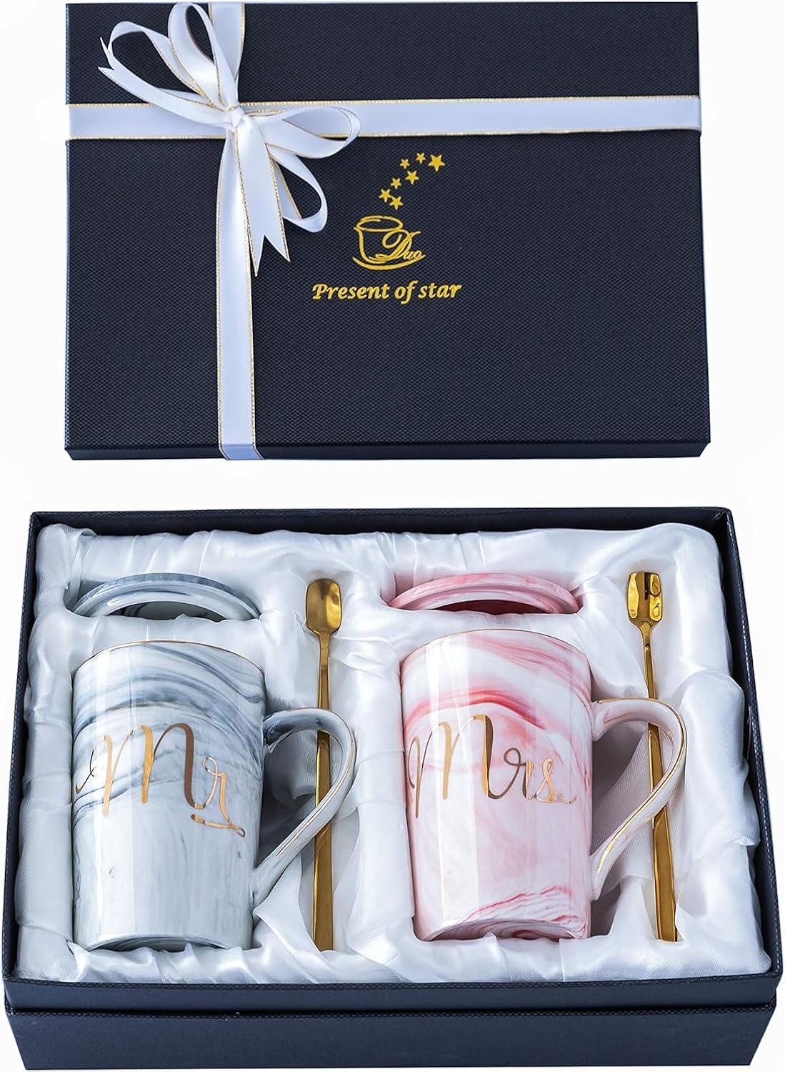 Jumway Wedding Gifts for Bride and Groom, Gifts for Bridal Shower Engagement Wedding and Married Couples Anniversary - Ceramic Marble Coffee Mugs with Real Gold Mr/Mrs Letters 14 Oz Pink