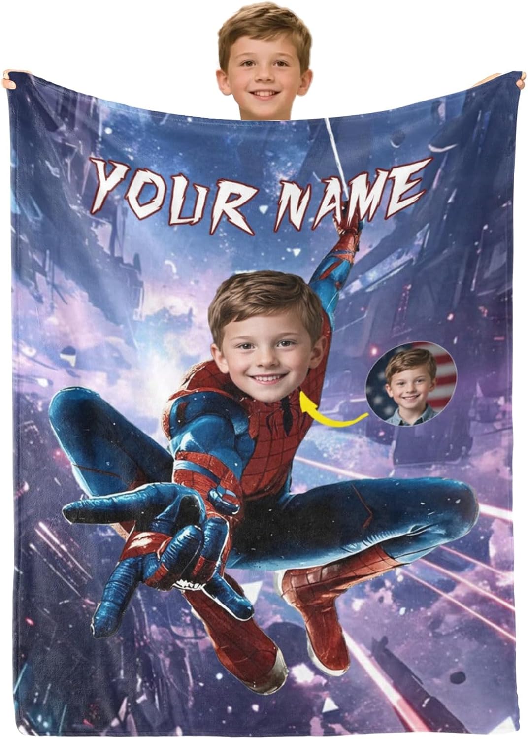 Personalized Superhero Blanket for Kids with Photo and Name - Custom Super Hero Throw Blankets for Boys Girls Birthday Christmas