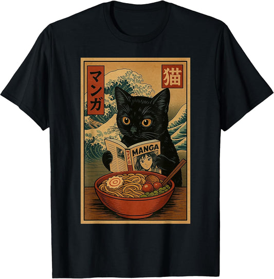 Funny Anime Cat Reading Manga Ramen Bowl Retro Japanese Cat T-Shirt