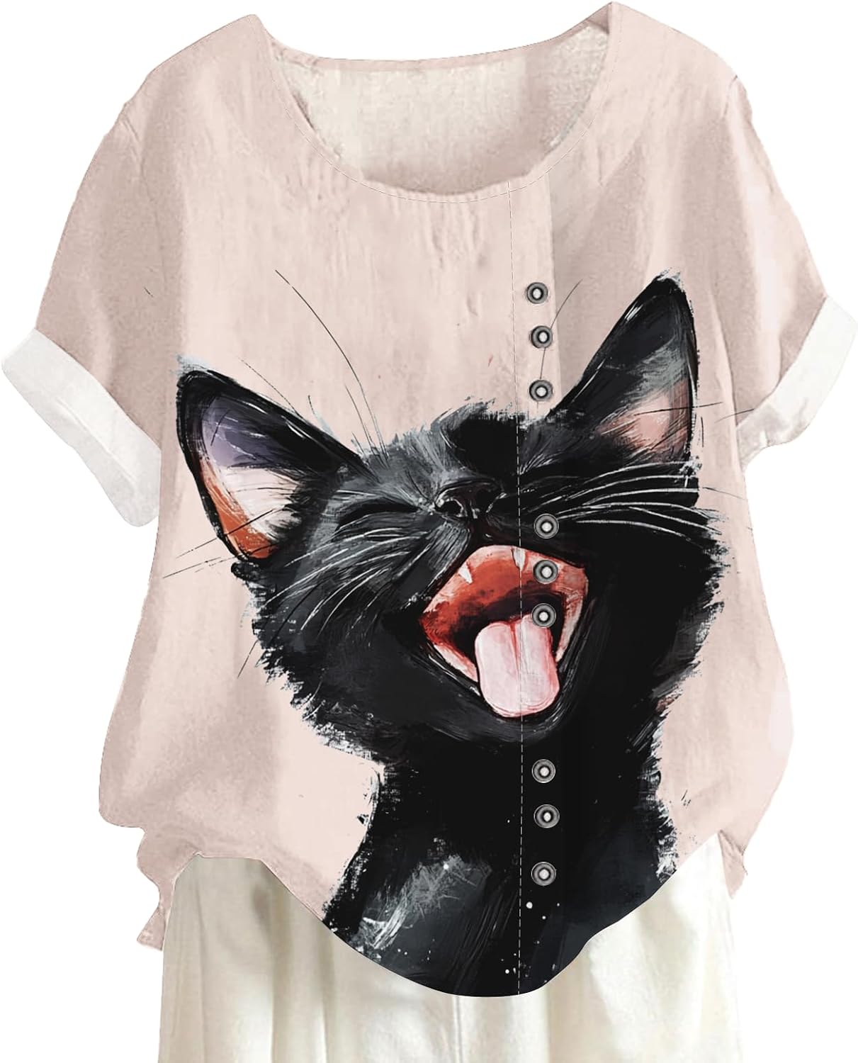 Women's Short Sleeve Button Shirts Cute Dog Printed Adorable Cat Fasion Blouses Summer Vacation Casual Tops