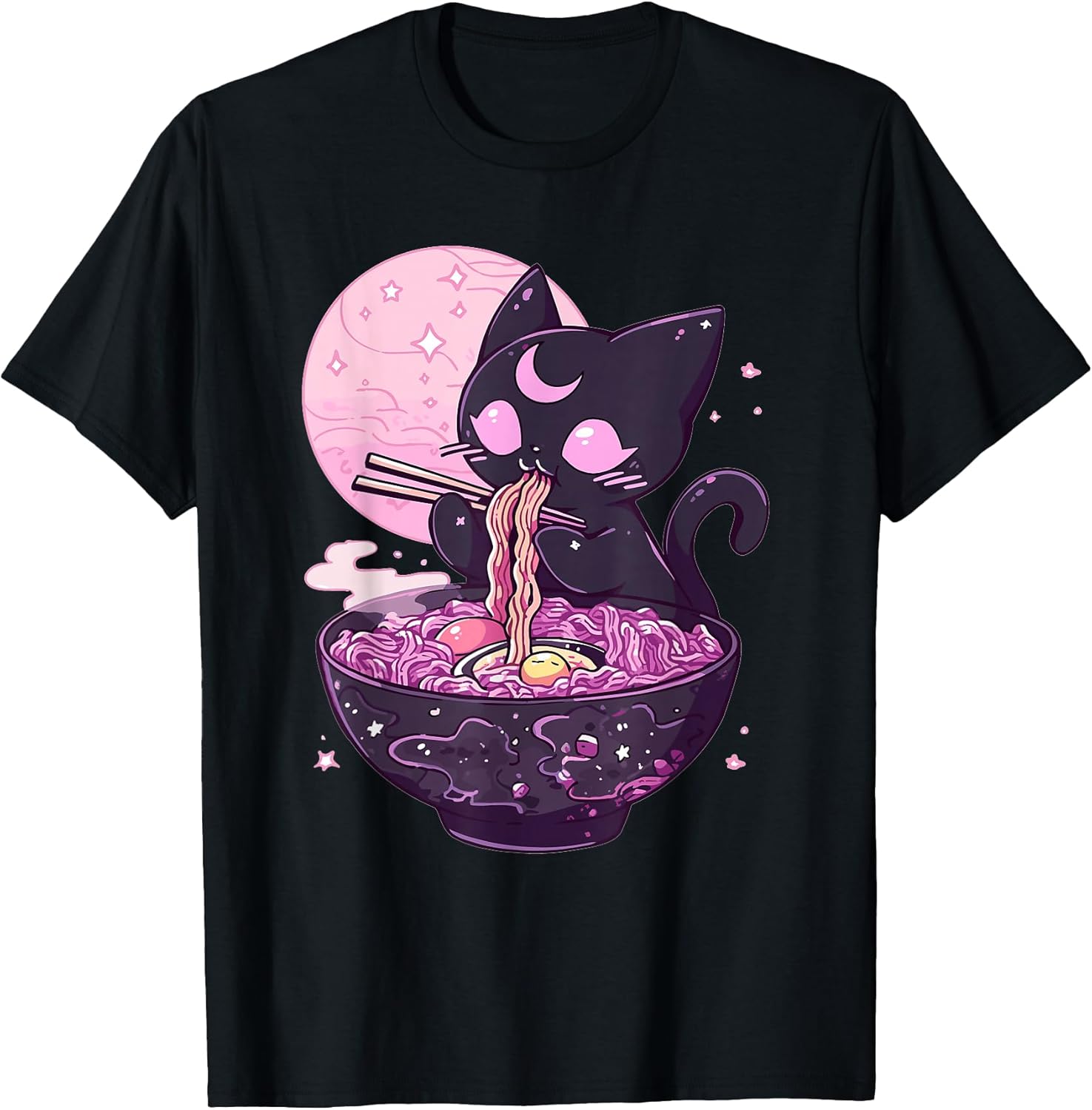 Pastel Goth Aesthetic Kawaii Creepy Cat Eating Ramen Noodles T-Shirt