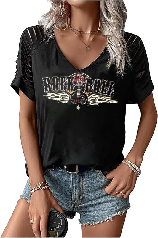 Summer Vintage Rock and Roll T Shirts for Women Casual Country Music Tshirts Rock Band Concert V Neck Tops