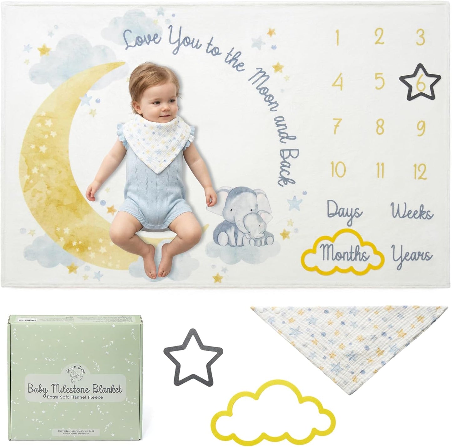 Monthly Milestone Blanket for Baby Boys & Girls - 60"x40" - Wrinkle Free Moon and Stars Elephant Blanket with Growth Chart - Washable & Dryable - w/Frames & Cotton Bib - Space Theme Gift