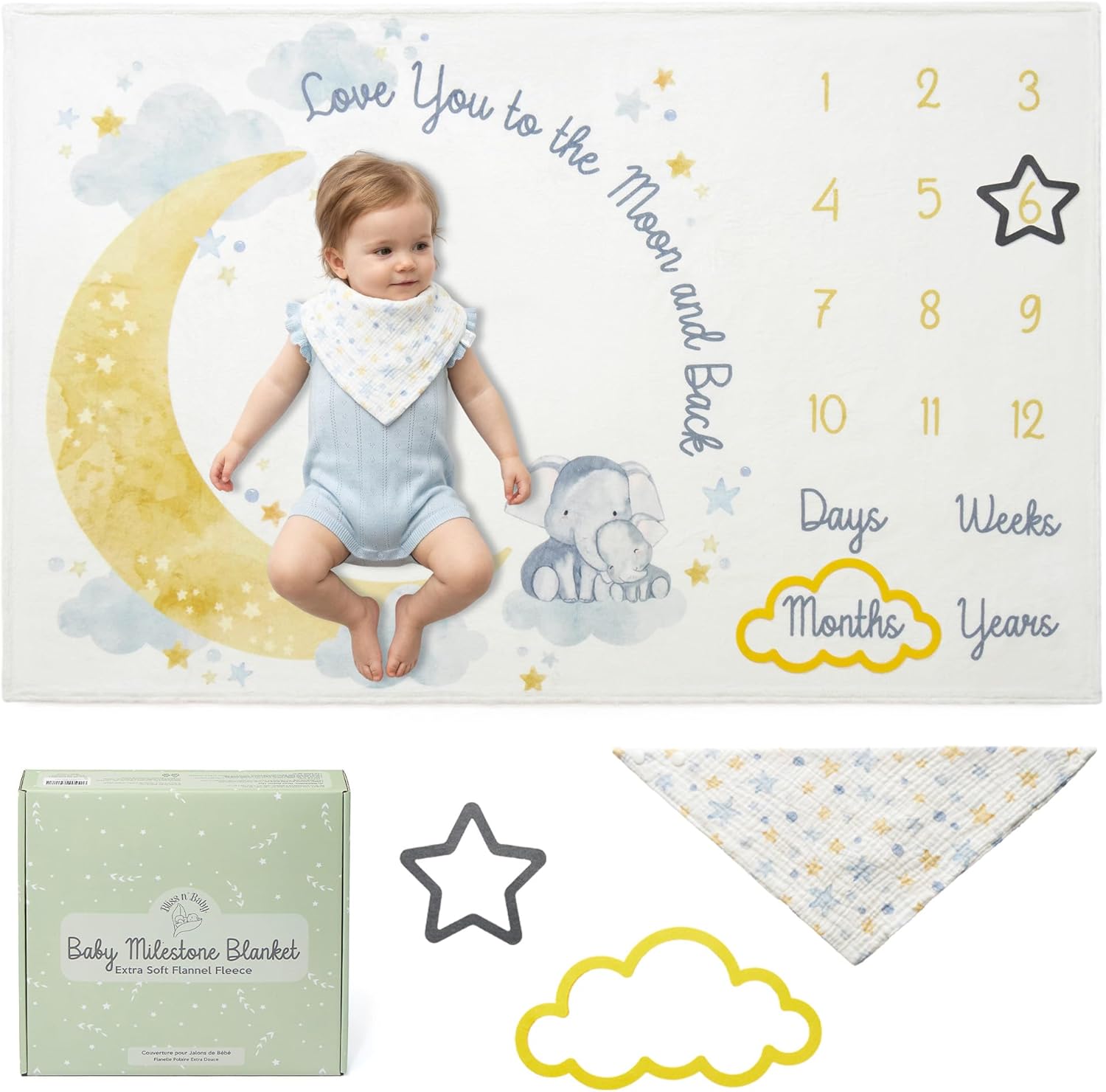 Monthly Milestone Blanket for Baby Boys & Girls - 60"x40" - Wrinkle Free Moon and Stars Elephant Blanket with Growth Chart - Washable & Dryable - w/Frames & Cotton Bib - Space Theme Gift