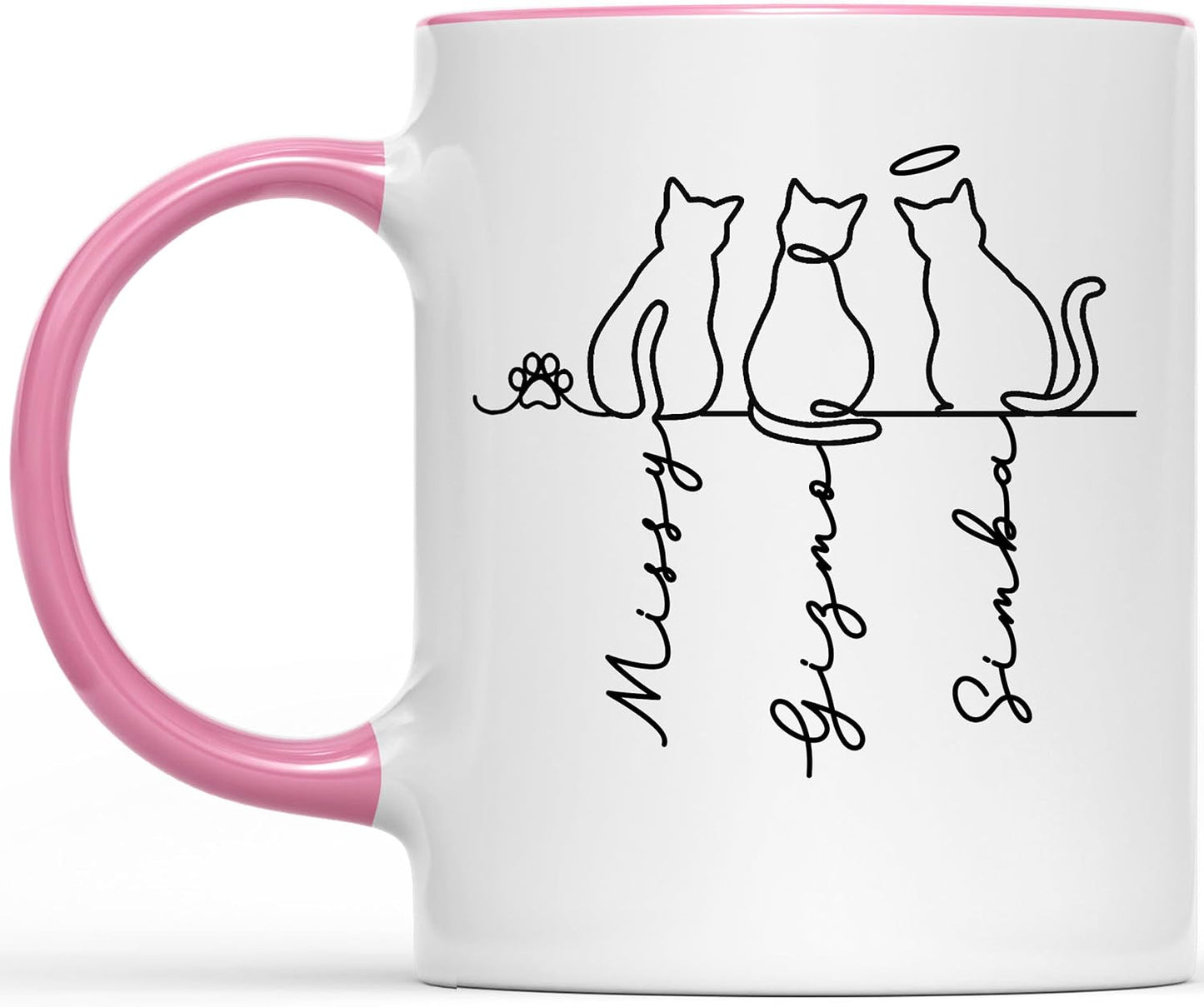 Personalized Cat Mug - Custom 1 to 4 Cats Line Art with Names - Cat Mom Gifts for Women - Minimalist Cats on a Wire Style - Coffee Cup for New Pet, Holidays, Memorial, Remembrance