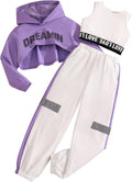 Girls Graphic 3 Piece Outfits Workout Hoodie Crop Tank and Sweatpants Hip Hop Dance Set