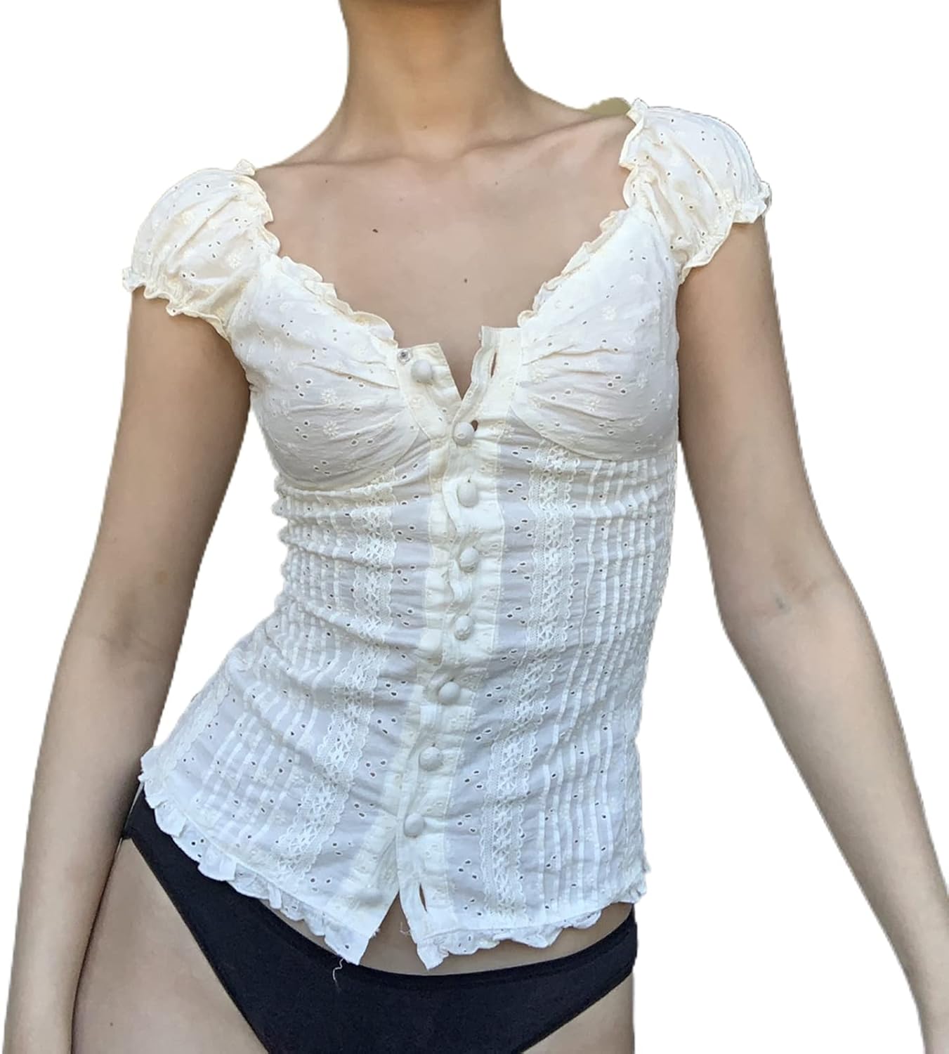 Y2K Fairy Grunge Crop Top for Women Short Sleeve Lace Patchwork T-Shirt Aesthetic Slim Fit Cute Babydoll Top Tees