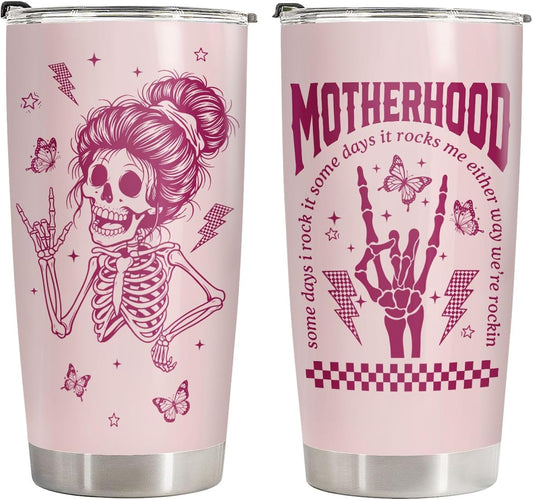 34HD Motherhood Rocks Tumbler 20oz, Funny Skeleton Mom Travel Coffee Mug, Mothers Day Gift for Mommy Mama Nana Idea - Birthday Gifts for Moms from Daughter Son Husband