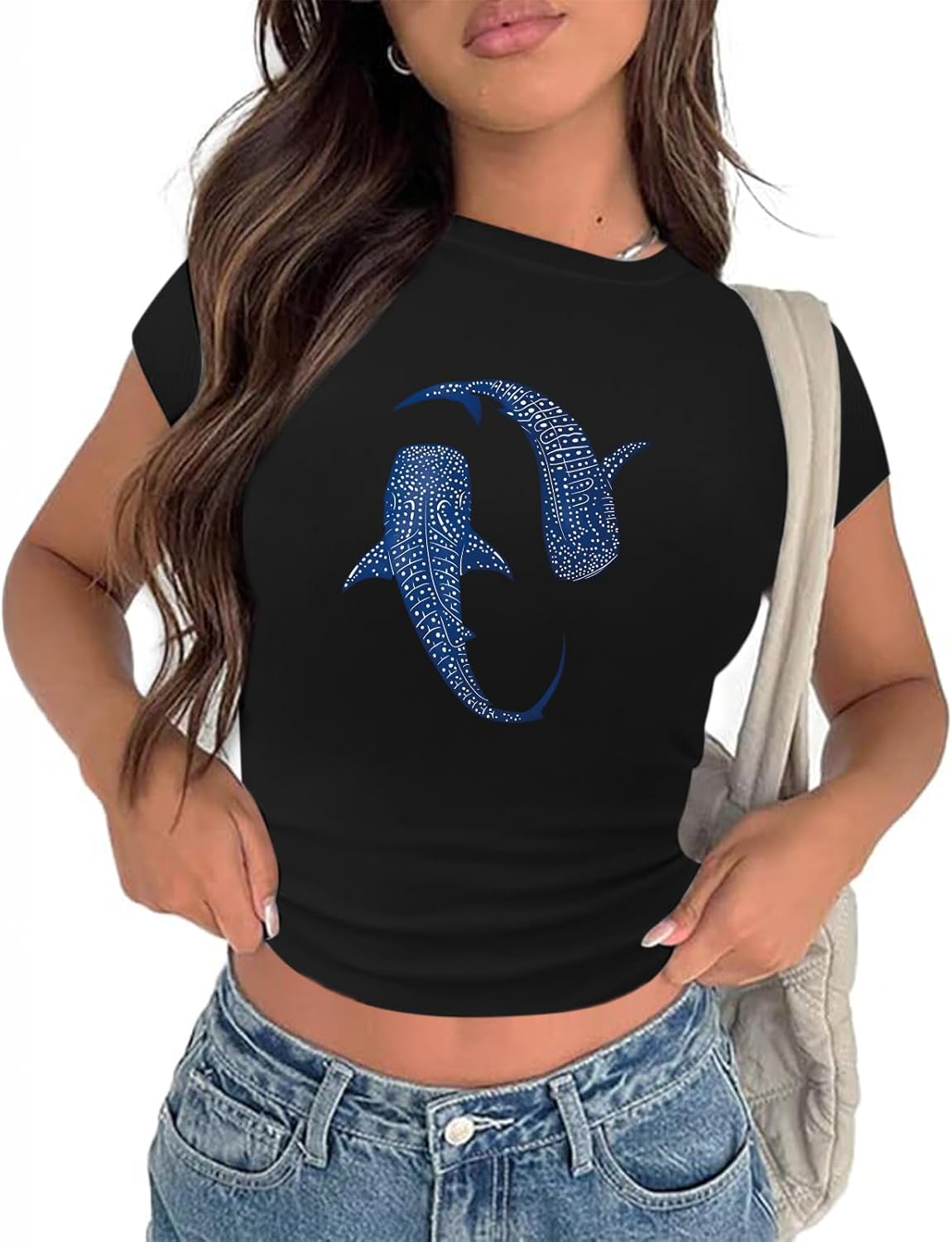 Shark Ocean Shirt Fish Shirts for Women Y2k Graphic Baby Tees Aesthetic Crop Tops Beach Tshirt Vacation Summer Top