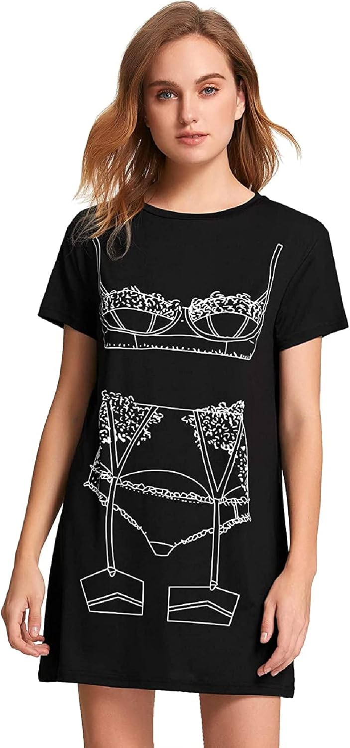 Women's Funny Lingerie Nightgown Cute Print Tshirt Sleepdress
