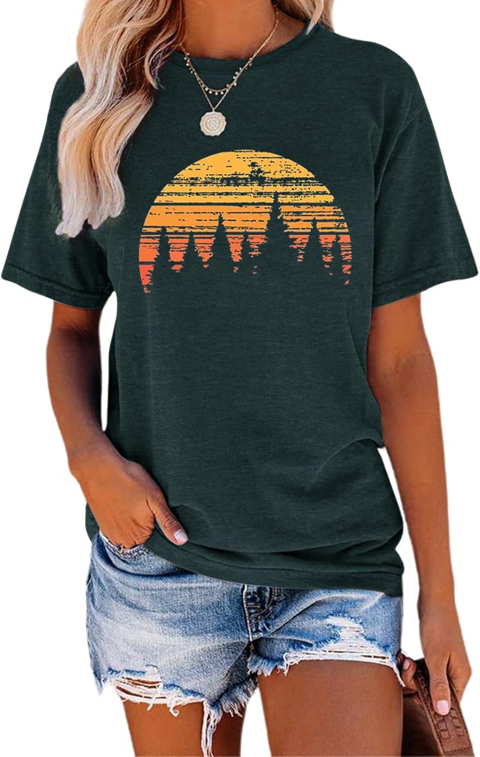 Womens Graphic Tees Hiking Camping Shirts Vintage Sunset Graphic T Shirts Summer Casual Short Sleeve Shirt