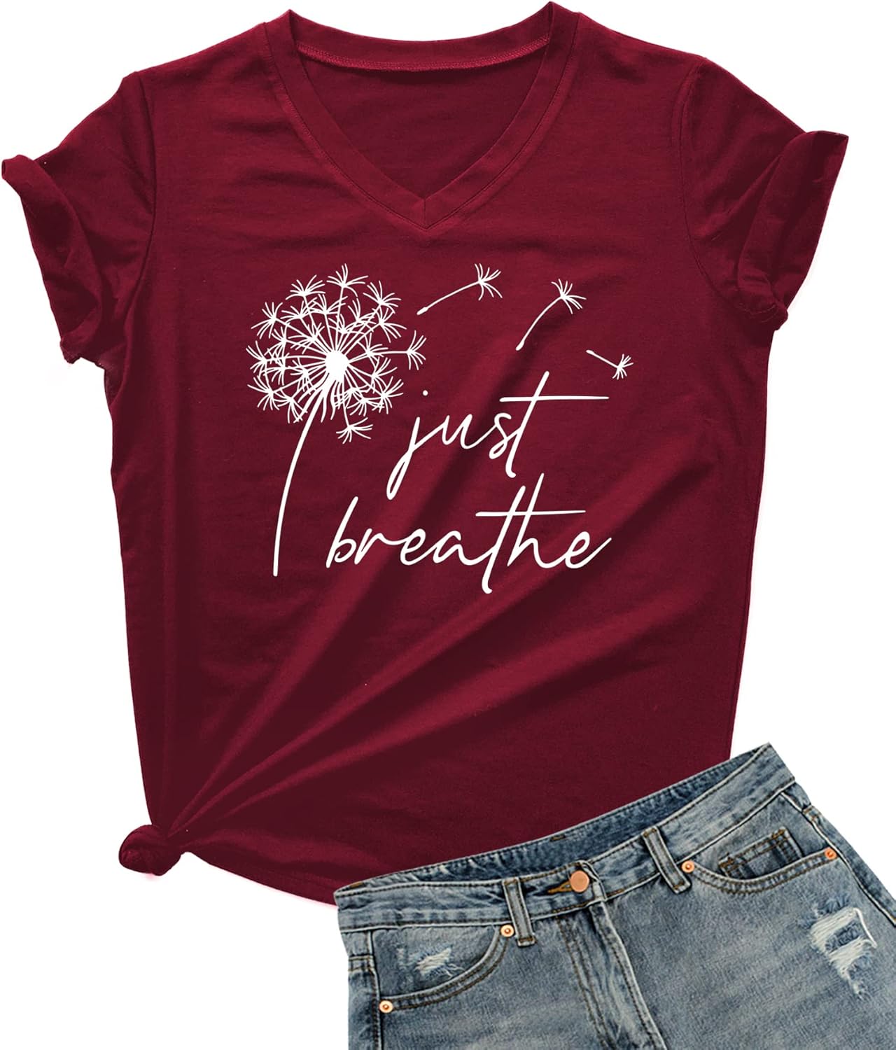 Just Breathe Dandelion T-Shirt for Women Funny Cute V-Neck Shirt Tops