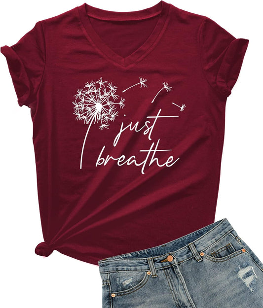 Just Breathe Dandelion T-Shirt for Women Funny Cute V-Neck Shirt Tops