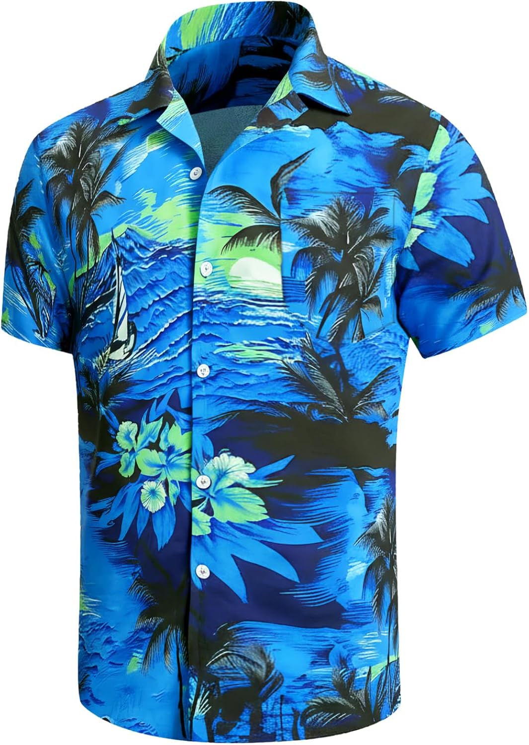 Men's Hawaiian Shirt Funky Blue Beach Printed Tropical Beach Shirt Casual Button Down Short Sleeve Floral Shirts Tops