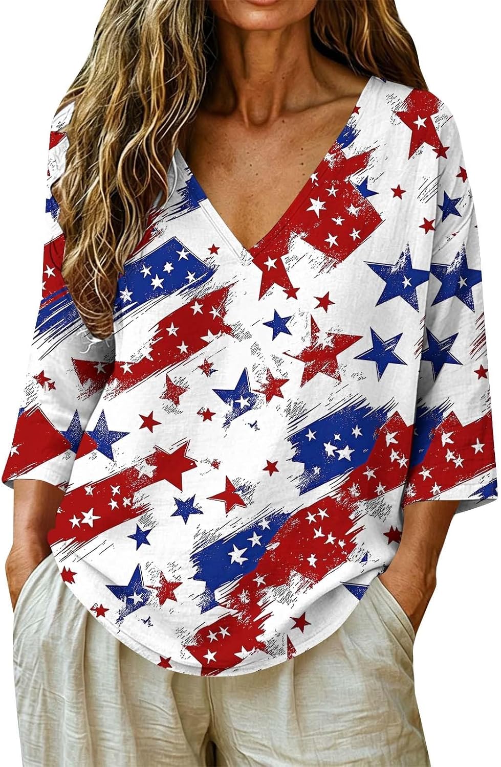 Womens All-Over Star and Stripe Print V-Neck Blouse 3/4 Sleeve Red White Blue Patriotic Top