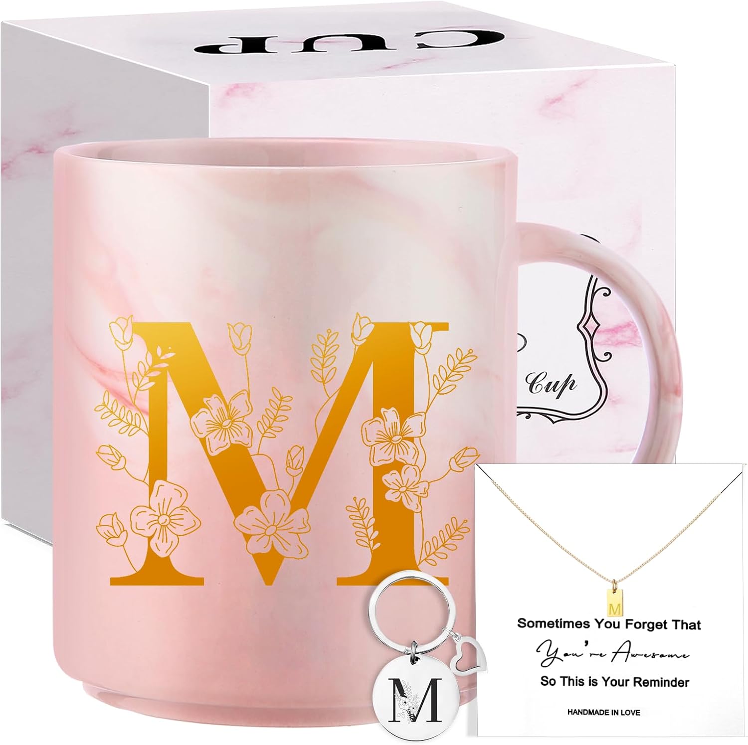 Personalized Monogrammed Gifts for Women,11 oz Initial Ceramic Coffee Mug with Necklace, Unique Mothers Day Birthday Gift for Grandma Auntie Sister Wife Teacher Friend Mom, M