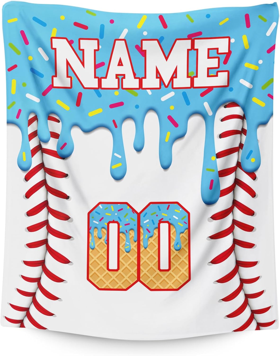 Ice Cream Baseball Blanket for Boys Girls Custom Kids Blanket Gift for Baseball Lovers, Cozy Light Blue Fuzzy Flannel Throw for Living Room Camping Club