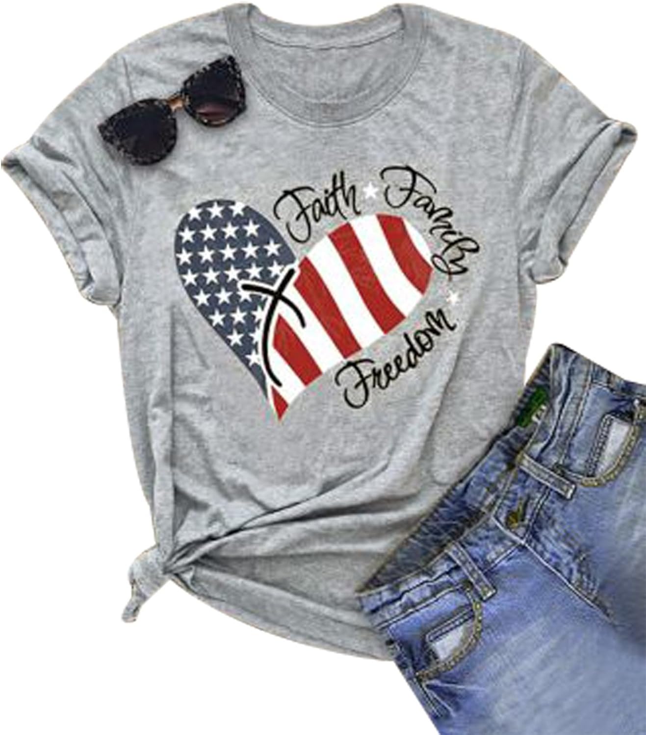 Patriotic Shirts for Women American Flag Shirt Faith Family Freedom Graphic Tee USA Star Stripes Tops