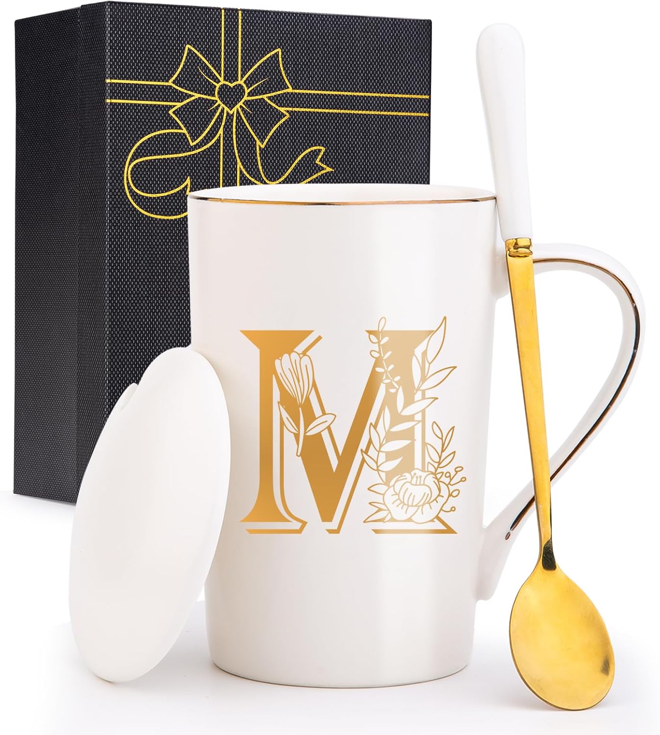 Letter M Personalized Initial Mugs with Flower, Letter M Personalized Coffee Mug, Customized Cool Letter Mugs for Women, Bridal Shower Gifts, Women's Initials Gifts Mug 14 OZ Matte White