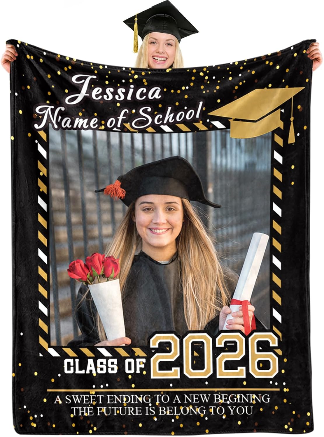 Yoke Style Custom Graduation Blanket with Picture/Text, Personalized Photo Blanket for Class of 2026 Graduate, Customized College/Masters Degree/PHD Graduation Gifts for Women Her Him