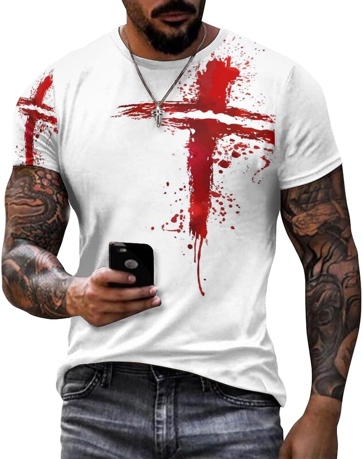 Mens T-Shirts Jesus Cross Faith Vintage Oil Painting Casual T-Shirts Summer Short Sleeve Crew Neck Christian Tops