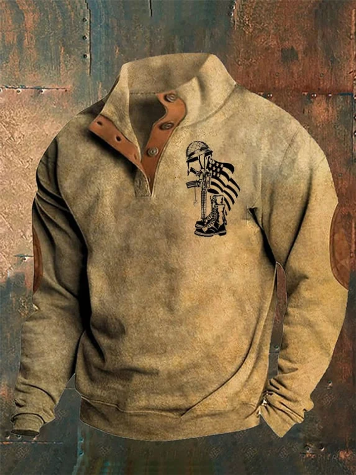 Men's Aintage Veteran Flag Print Sweatshirt With Stand Collar
