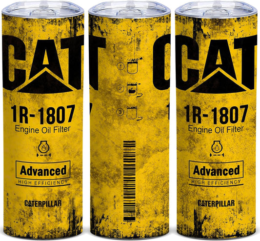 ATHAND Funny Tumbler Gifts for Men - Alfaro Yellow CAT 1R 1807 Engine Oil Filter Skinny Tumbler with Lid, Stainless Steel Double Wall Cup, Insulated Travel Coffee Mug (Pack of 1)