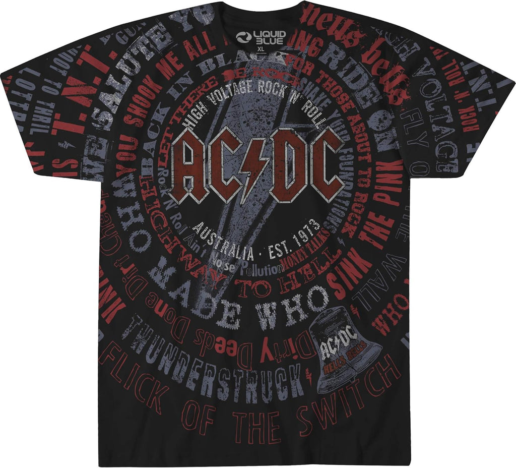 Unisex Adult Ac/DC Song Titles All Over Print Graphic Short Sleeve Tee