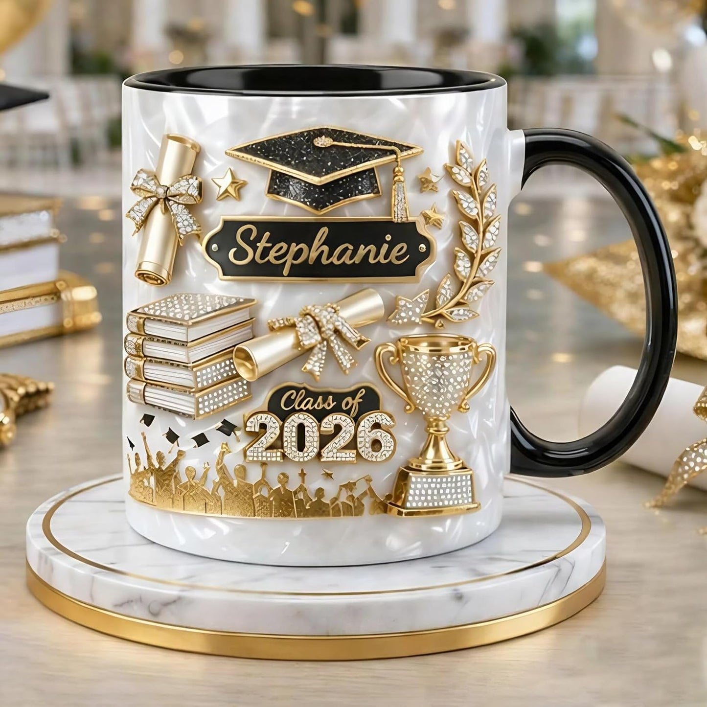 Custom Name Graduation 3D Effect Coffee Mug, Grads Gift For Daughter From Mom Dad, Class Of 2026, Graduation Mugs Gift For Her, New Graduate Gifts, Faux 3D Mug - Flat Surface, 2D Flat H01