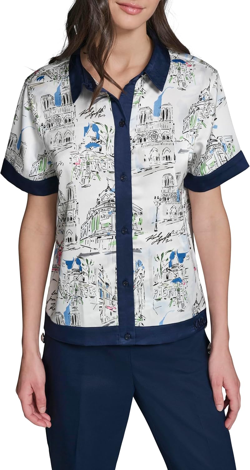 Women's Short Sleeve Collared Neck All Over Print Camp Shirt