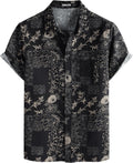 Men's Cotton Linen Vintage Pattern Printed Old Style Shirt Casual Short Sleeve Button Down Retro Shirts