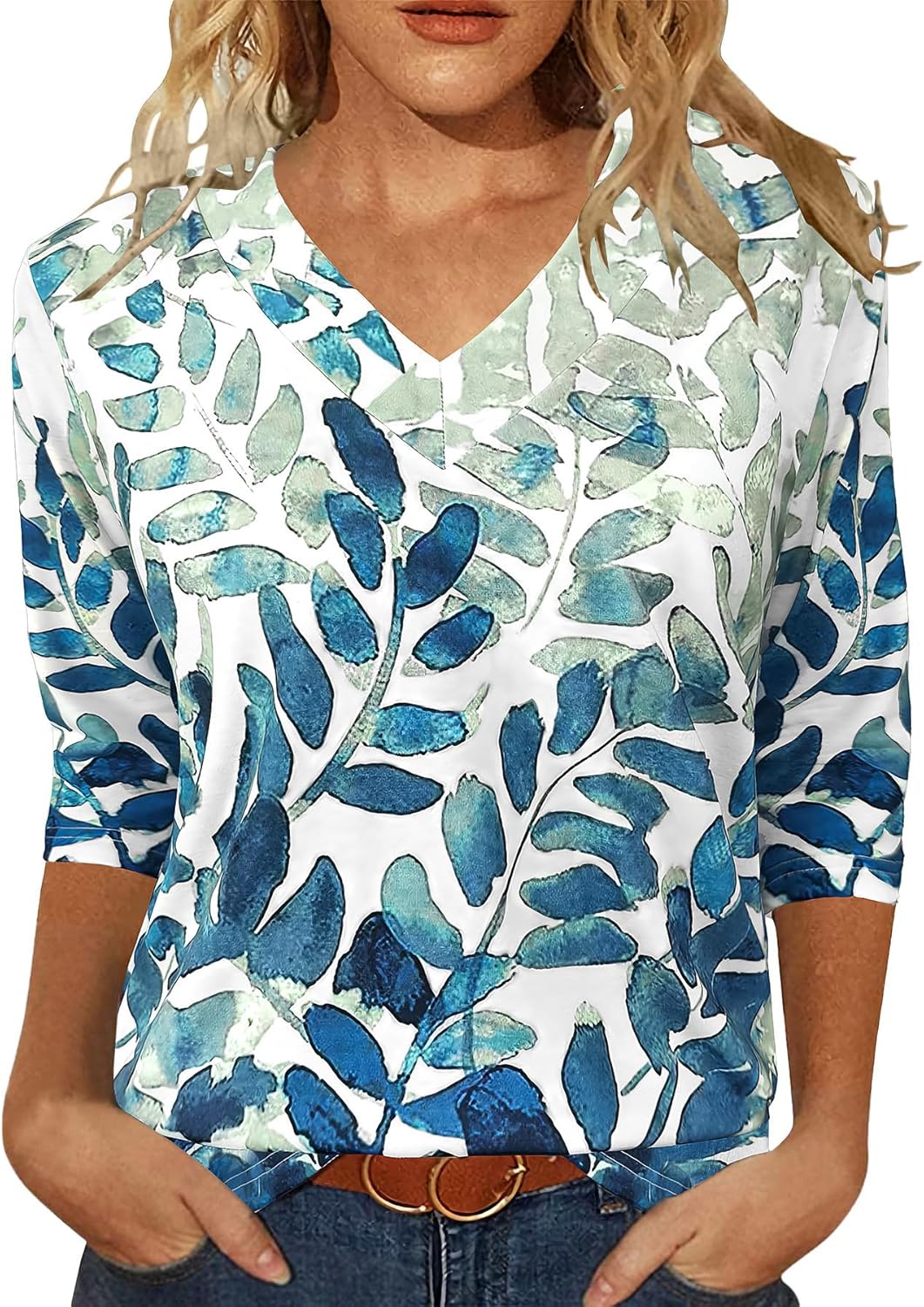 Womens Tops 3/4 Length Sleeve Summer V Neck Shirts Casual Tunic Tops 2025