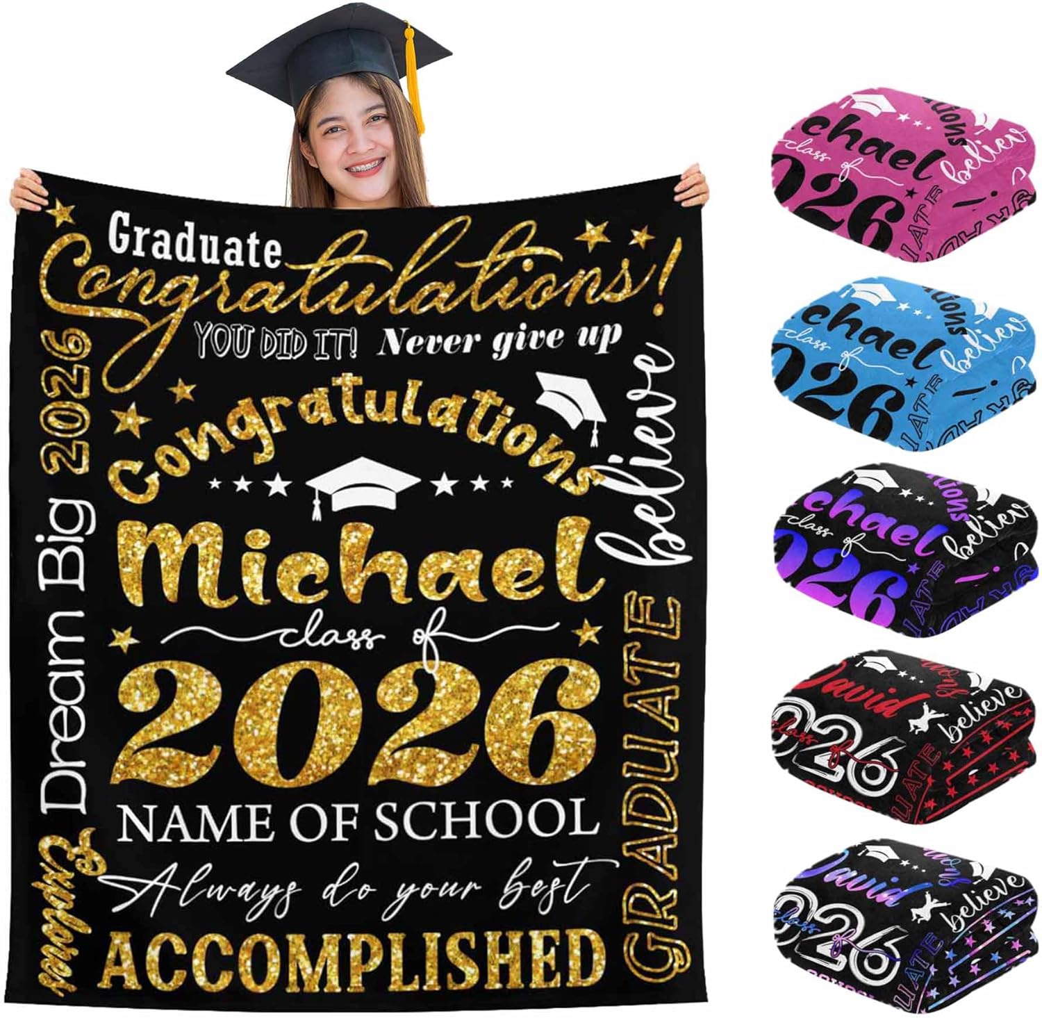 M YESCUSTOM Custom Graduation Gift Blanket with Text Golden Personalized Class of 2026 Graduation Blankets Customized Throw Blanket Graduation Gift for Her Him High School College 50" X 60"