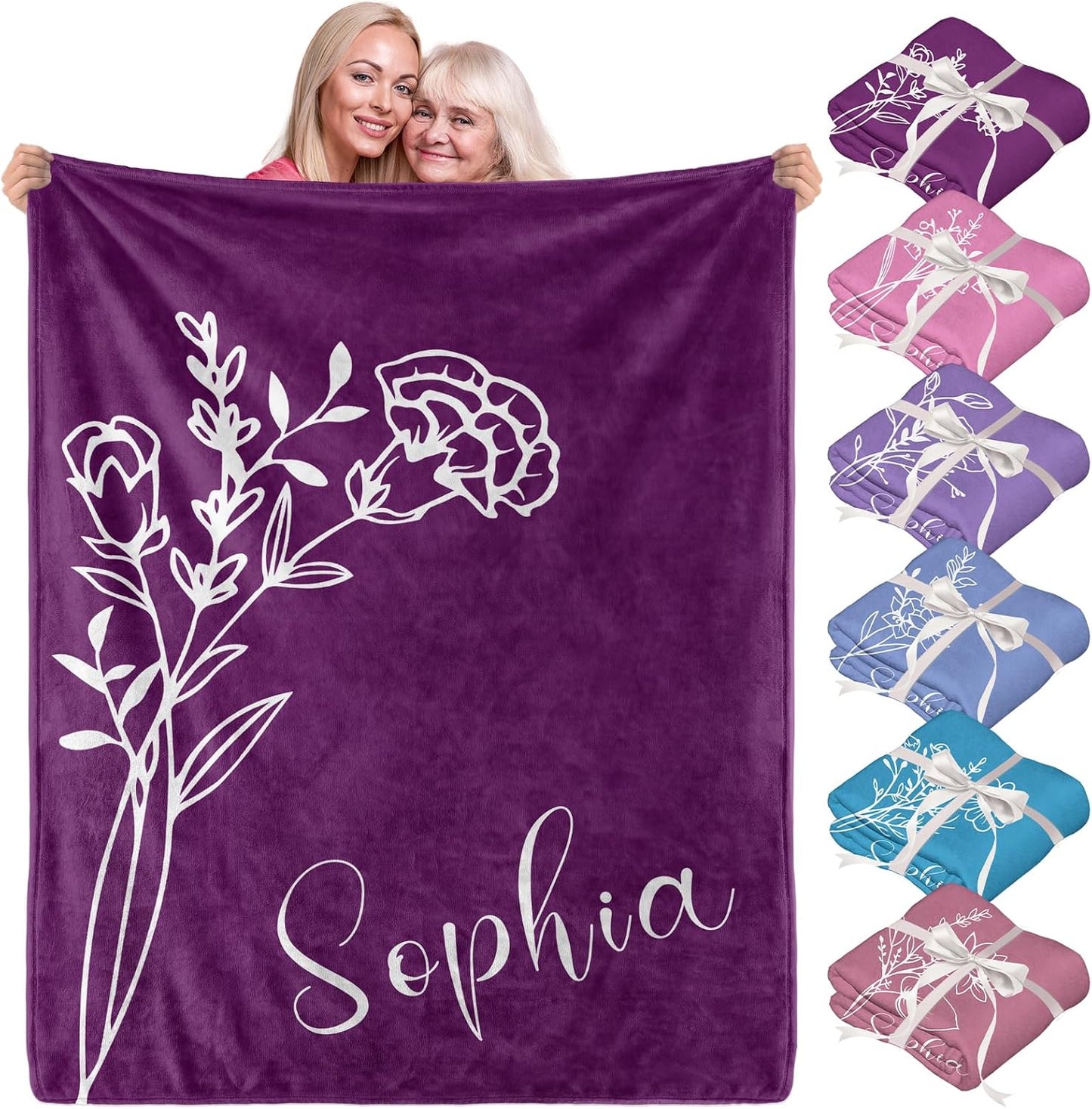 SHIPS NEXT DAY-Mothers Day Personalized Blanket for Women, Birthday Gifts for Mom,Grandma,Custom Name Blanket with Birth Month Flowers, Customized Blankets and Throws,Super Soft Plush Fleece