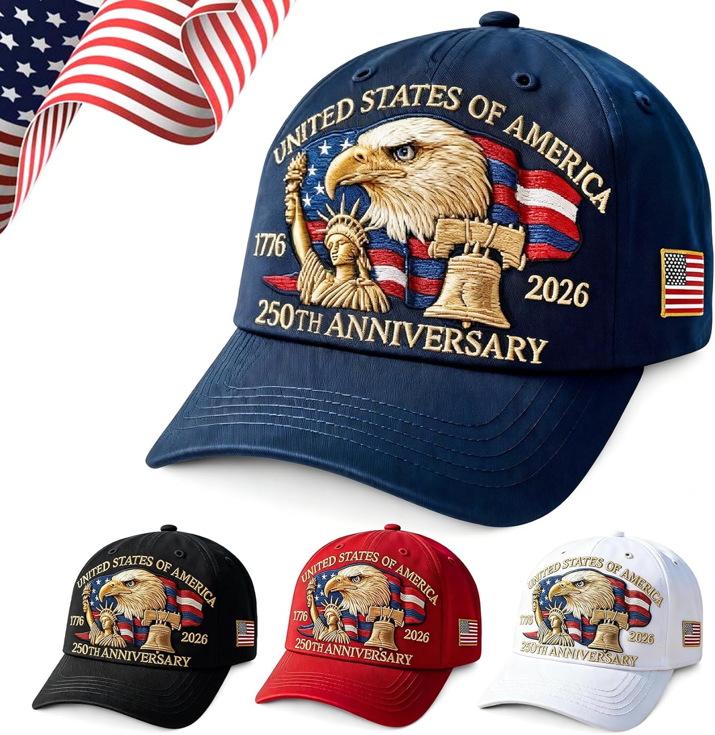 250 Anniversary USA Hat 1776–2026, America 250th Anniversary Hat, Patriotic USA Baseball Cap for Men Women, Adjustable Embroidered USA 250 Hat, 4th of July Independence Day Cap Blue