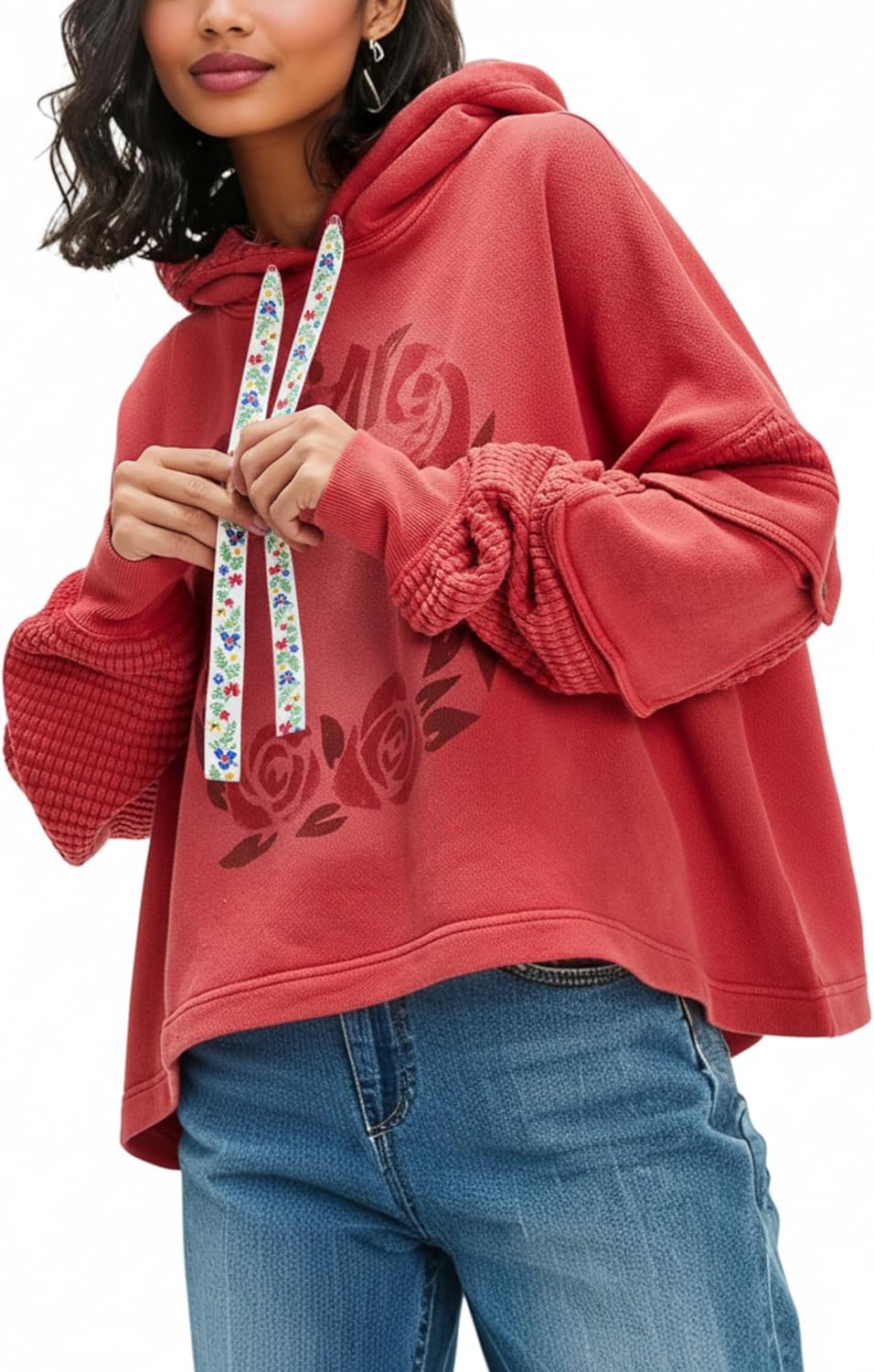 Womens Hoodies Oversized Floral Patchwork Sweatshirt Waffle Drop Shoulder Casual Drawstring Long Sleeve Top