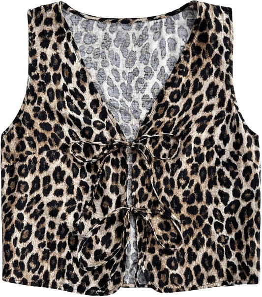 Women's Leopard Vest Tie Front Cheetah Top Floral Sleeveless Vintage Cowgirl Western Vest