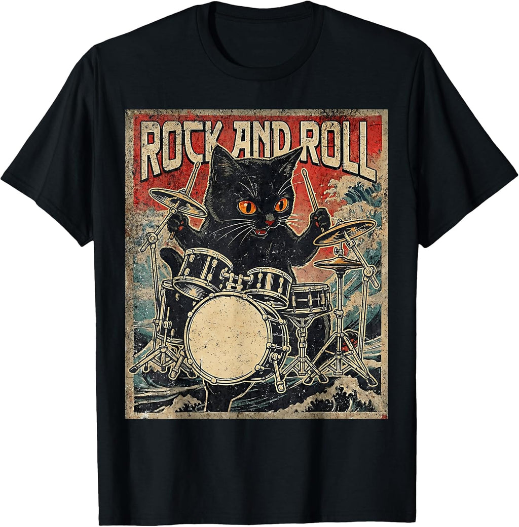 Cat Playing Drums Rock On Vintage Rock Drummer Cat T-Shirt