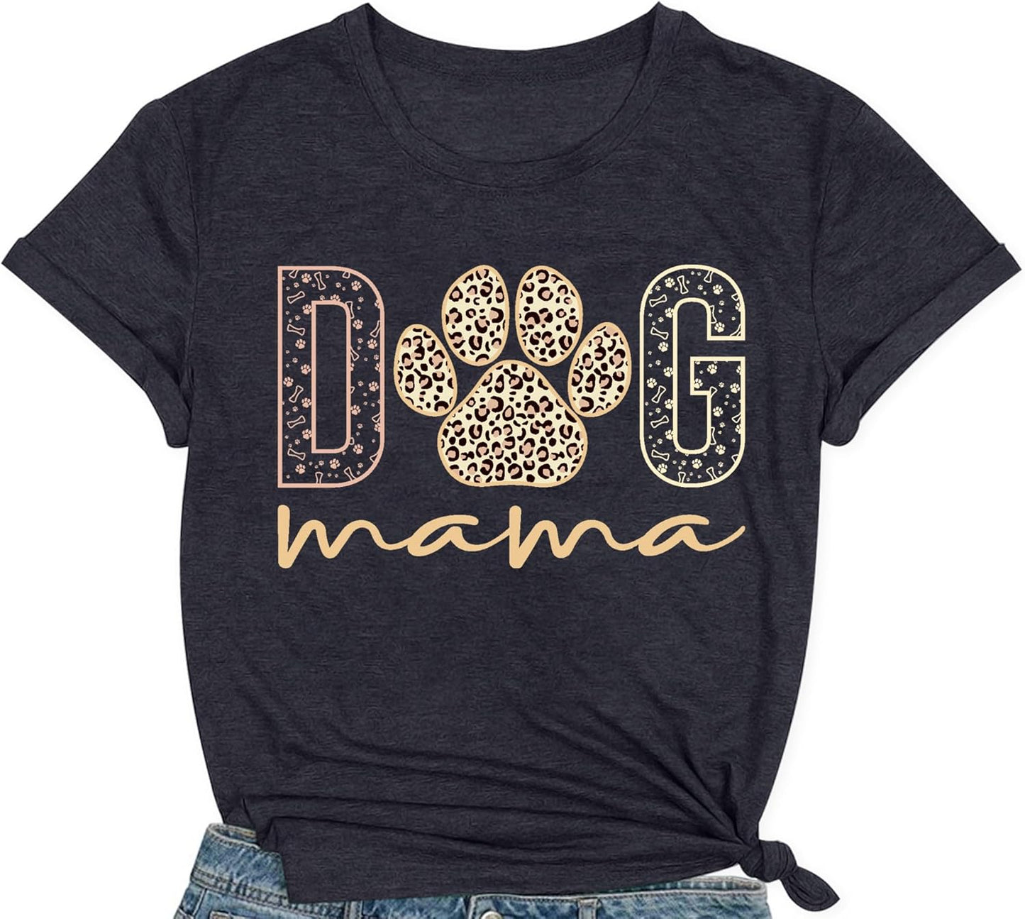 Dog Mom Shirts for Women Funny Dog Paw Leopard Print Mama T-Shirt Dogs Lover Mom Life Tee Tops