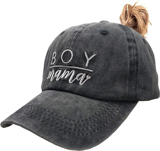 Women's Embroidered Baseball Cap Boy Mama Mom Vintage Distressed Dad Hat - Ponytail