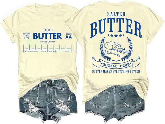 Funny Butter Printed Graphic T-Shirt for Women Salted Butter Foodie Baking Tee Cute Vintage Casual Summer Top