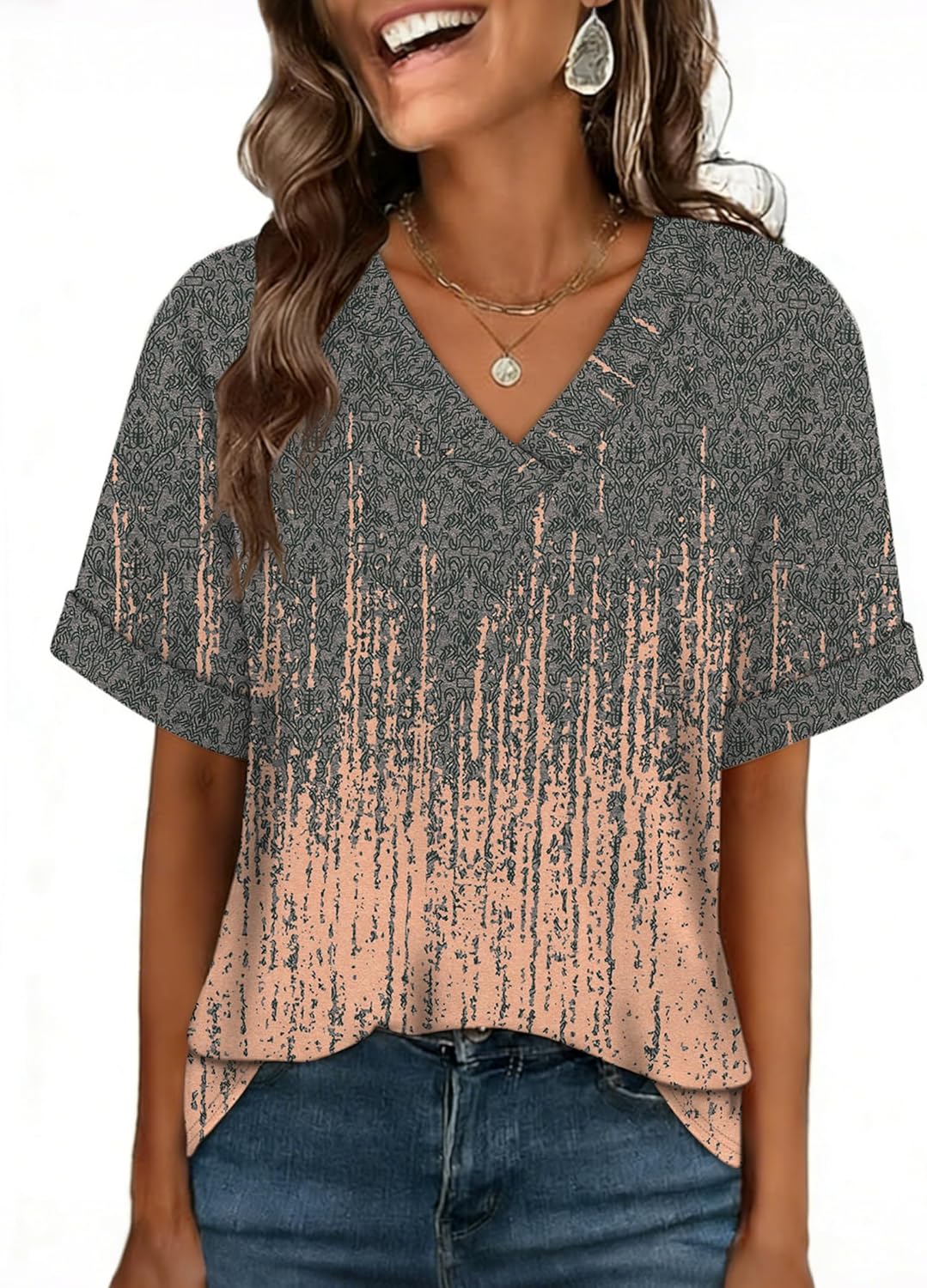 Womens Oversized V Neck Tshirts Plus Size Summer Tops 2026 Short Rolled Sleeve Shirts Dressy Casual Blouses S-4XL
