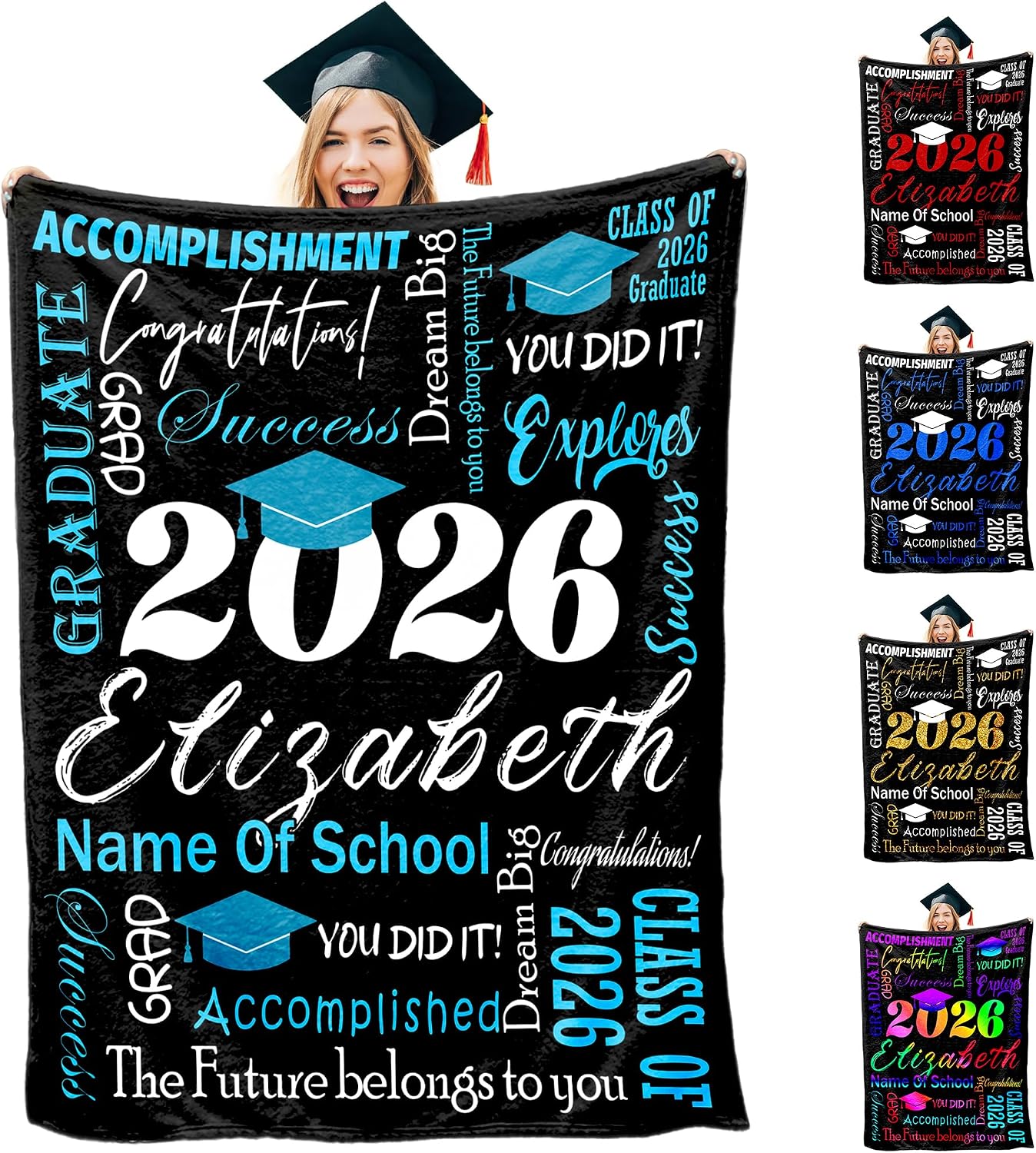 InterestPrint Custom Graduation Name Blanket Customized Blue Class of 2026 Name Blanket for Graduates Best Friends Classmates Roommates Graduation Party Decorates