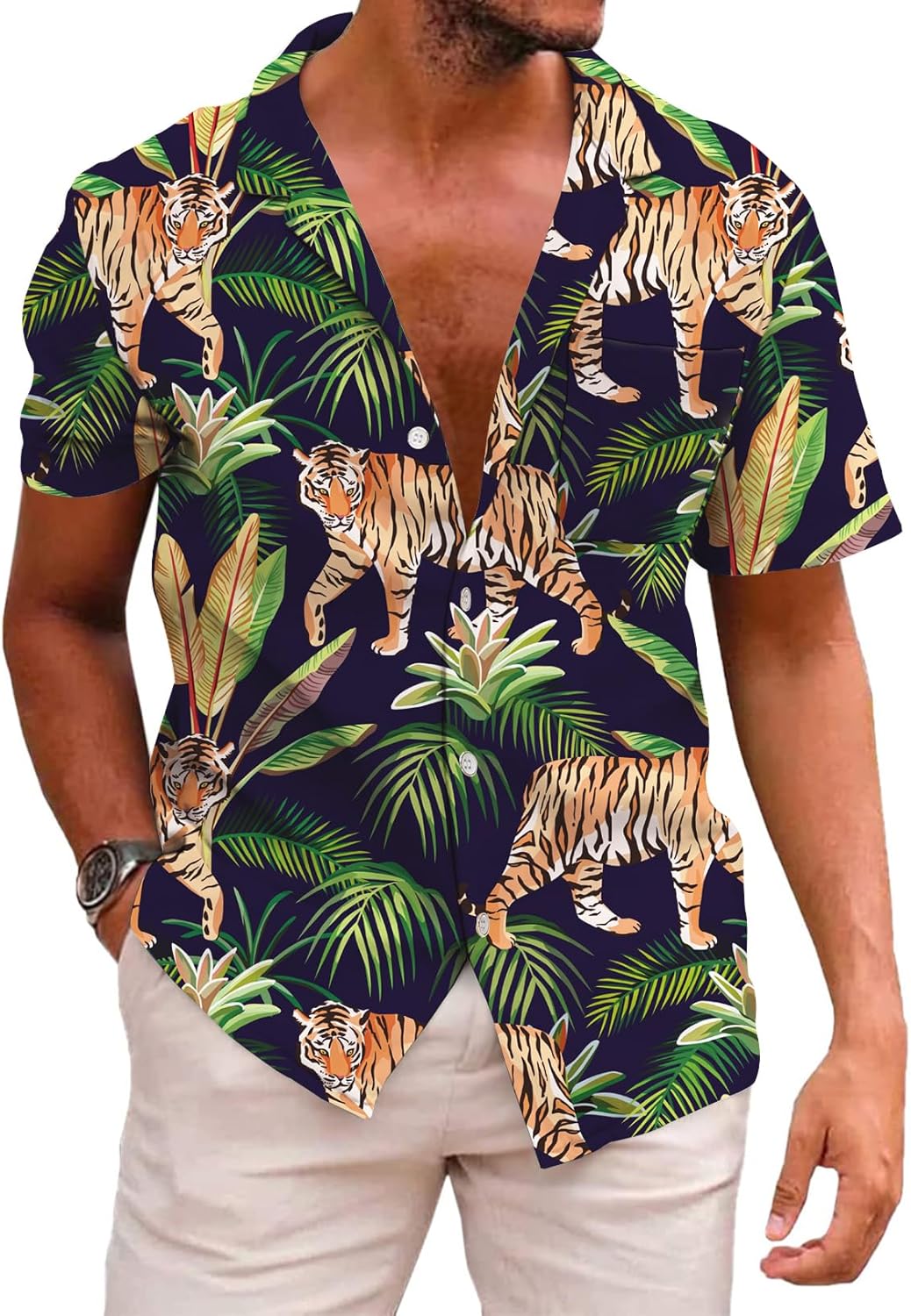 Men's Casual Button-Down Shirts Hawaiian Shirt Short Sleeve Beach Clothes with Pockets